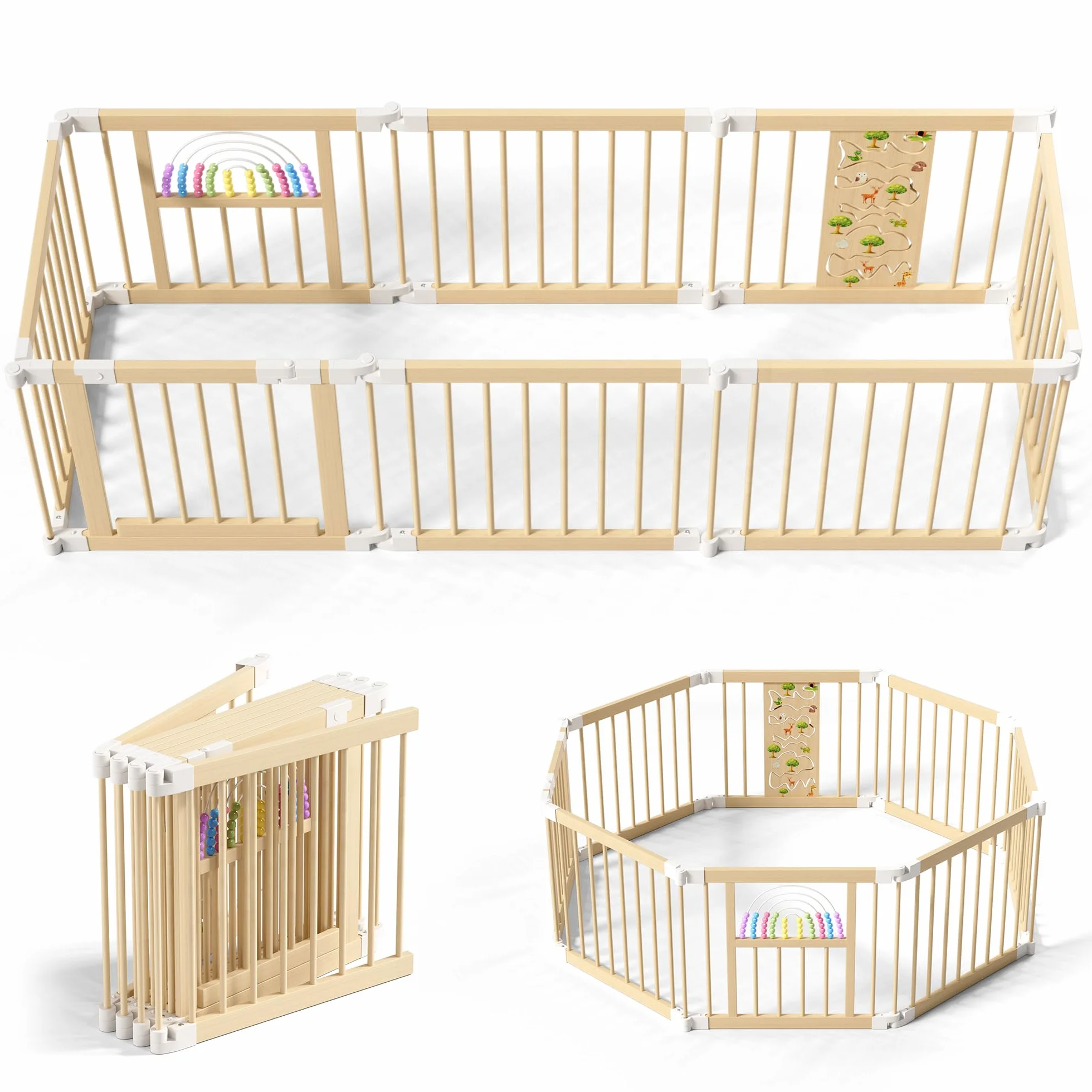 BLEKOO Laufstall Baby Holz mit Spielcenter – 140 x 140 cm Laufstall Baby Faltbar | Verstellbarer Holzlaufstall mit Spielzeug & Tor (8-teilig)
