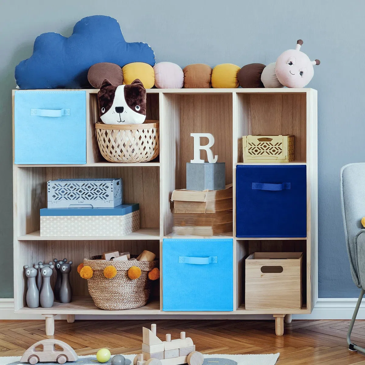 Karenhi 6 Stück 27,9 x 26,7 x 26,7 cm Stoff-Aufbewahrungskörbe Aufbewahrungswürfel Organizer mit Griffen, faltbare Regalkörbe für Zuhause, Kinderzimmer, Schrank, Cubby, Spielzeug, Tuch (blau)