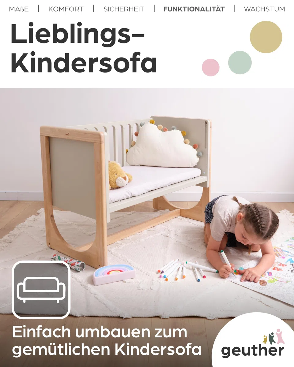 Geuther 4-in-1 Beistellbett Baby Hato, Baby Erstausstattung für Babyzimmer ab Geburt I Babybett mit Rollen, Gitterbett umbaubar als Kinderbett, Sitzbank oder Kindertisch I Buchenholz, Natur-Beige