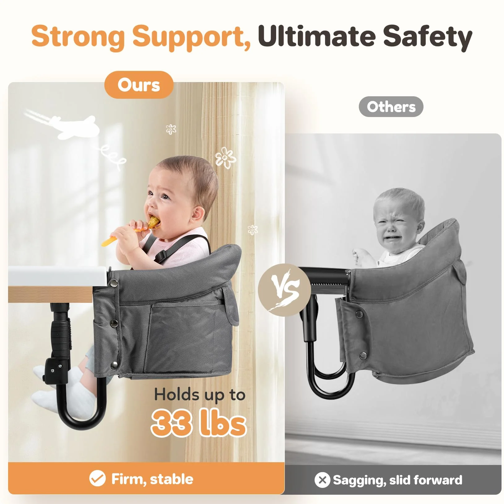 Ezebaby Tischsitz Klappbarer Sitzerhöhung Tragbarer Baby Hochstuhl Schnelle Anpassung mit 5-punkt Sicherheitsgurt und Tragetasche für Tischdicken von 2,5 bis 7,5 cm (Grau, mit Tablett)