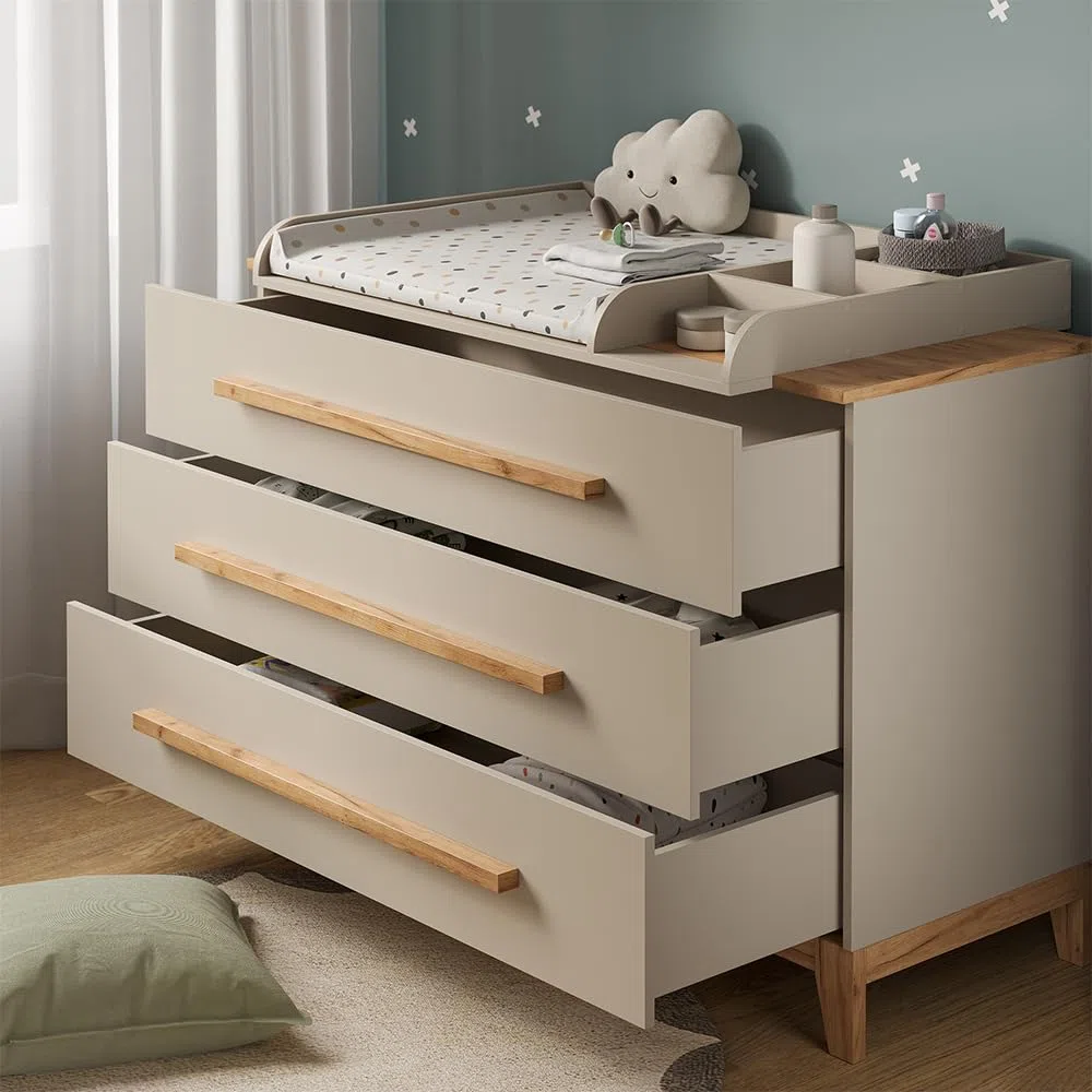 VitaliSpa Wickelkommode Malia Cashmere/Artisan 133.2 x 98 cm 3 Schubladen abnehmbarer Wickelaufsatz