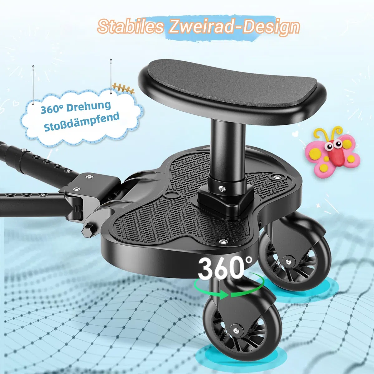 Buggy Board mit Sitz, Trittbrett für Kinderwagen Universal für Kinder von 2 bis 6 Jahren, Flexible Anpassung Kiddy Board, Kompatibel mit den Meisten Kinderwagen, Bearing 25KG