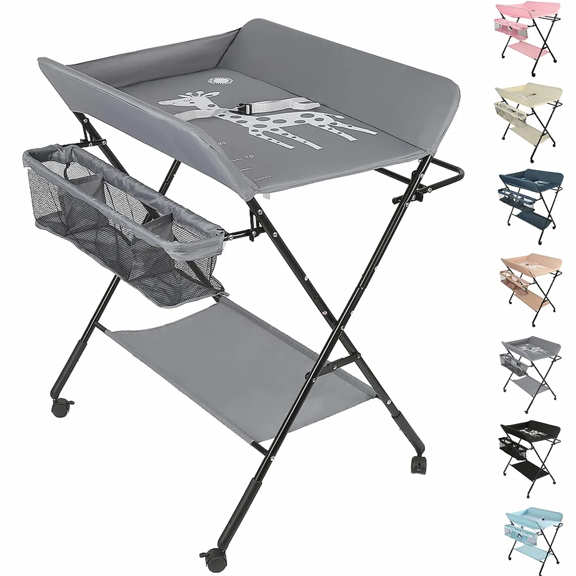 3-in-1 klappbarer und tragbarer Wickeltisch, maximale Belastung 25 kg für Neugeborene, Wickeltisch mit Aufbewahrungskorb, Sicherheitsgurt und 4 Rädern mit Bremse, höhenverstellbar, Grau