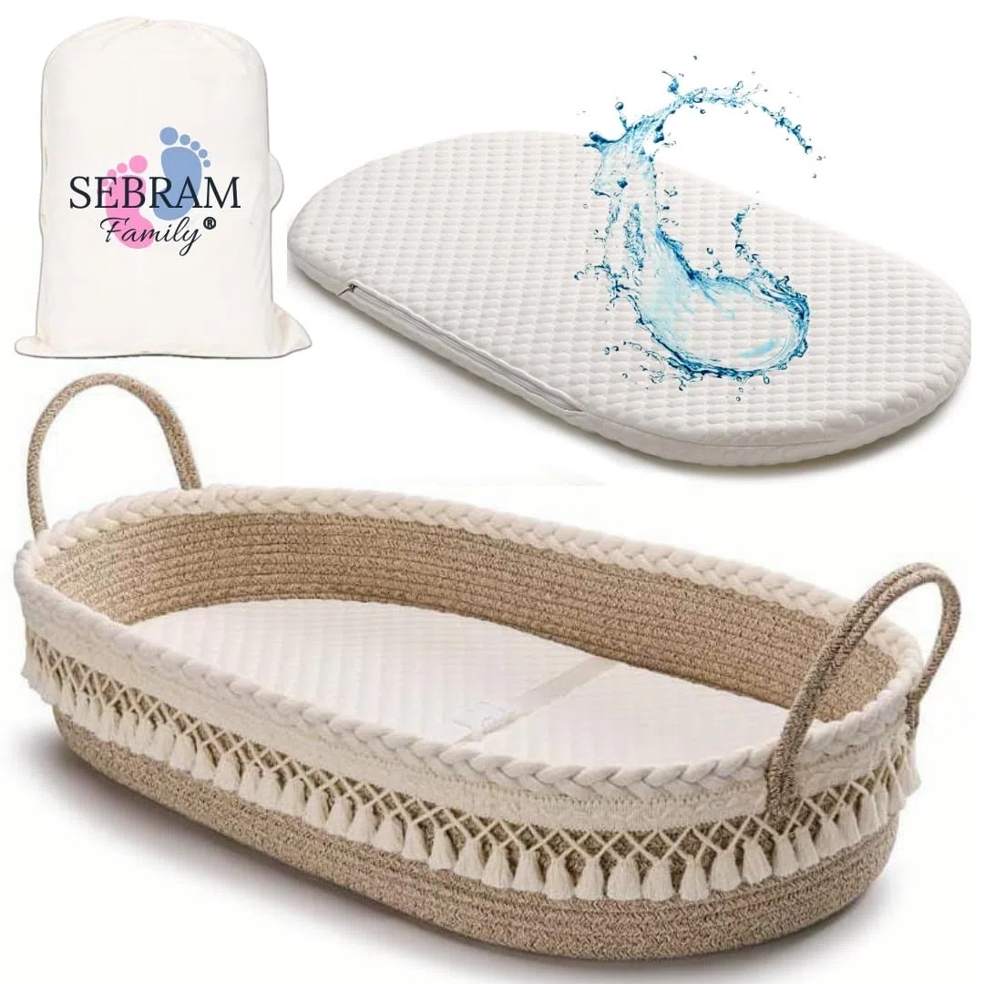 SEBRAM Wickelkorb Baby – Handgefertigte Wickelauflage mit Liebe, Wasserdichte Matratze und Tragetasche | Sicher & Schön fürs Babyzimmer – Farbe: Beige