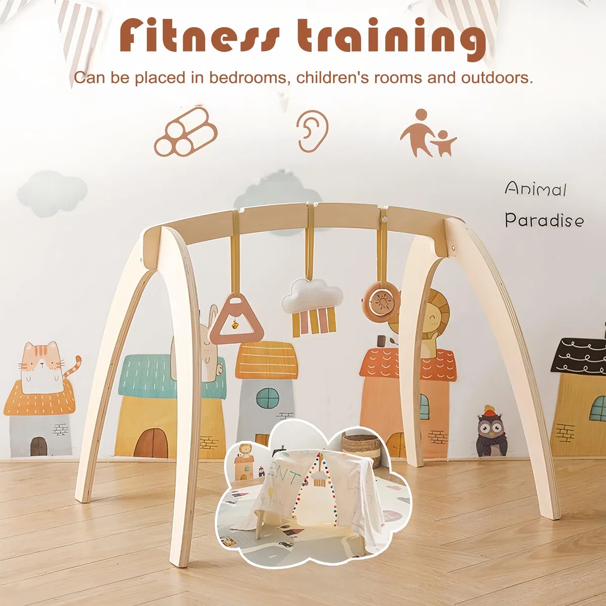 Spielbogen | Holz Lern Spielzeug | Faltbarer Aktivitäts Rahmen | Mit Abnehmbaren Hängespielzeugen für & Mädchen ideal für Schlafzimmer, Kinderzimmer & Wohnzimmer Innenbereich