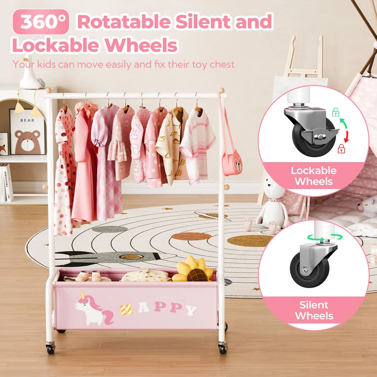 GRANNY SAYS Kleiderständer Kinder mit Aufbewahrungskiste, Kinder Kleiderstange auf Rollen, rosa Kindergarderobe stehend, robuste Jackenständer Kinderkleiderschrank für Baby- & Kleinkinderzimmer