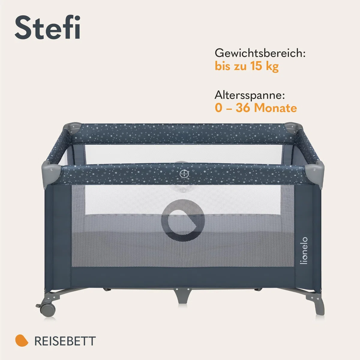 Lionelo Stefi Baby Kinderbett, Reisebett ab Geburt bis 15 kg, Seiteneingang, Sicherungssystem LockGuard, Blockade der Räder, Tragetasche, zusammenklappbar