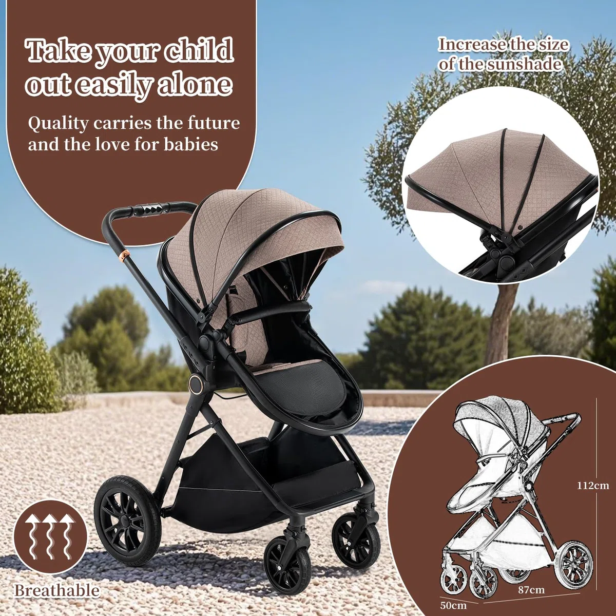Kinderwagen 3 in 1, Zusammenklappbar kinderwagen Komplettset Becherhalter, Moskitonetz, Fußabdeckung Für Baby Erstausstattung Neugeborene(Khaki)