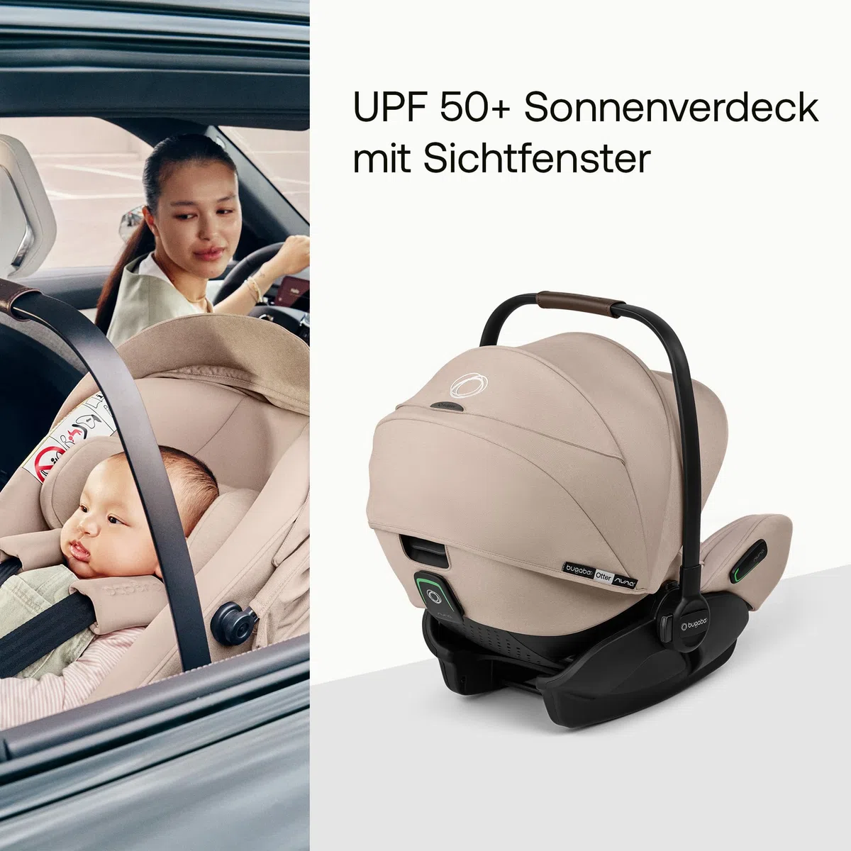 Bugaboo Otter by Nuna, i-Size Babyschale ab Geburt, flache Liegeposition | UPF 50+ Sonnenverdeck und Memory-Schaum, kompatibel mit 360 Grad Isofix-Basis, von 0–15 Monaten, Desert Taupe Melange