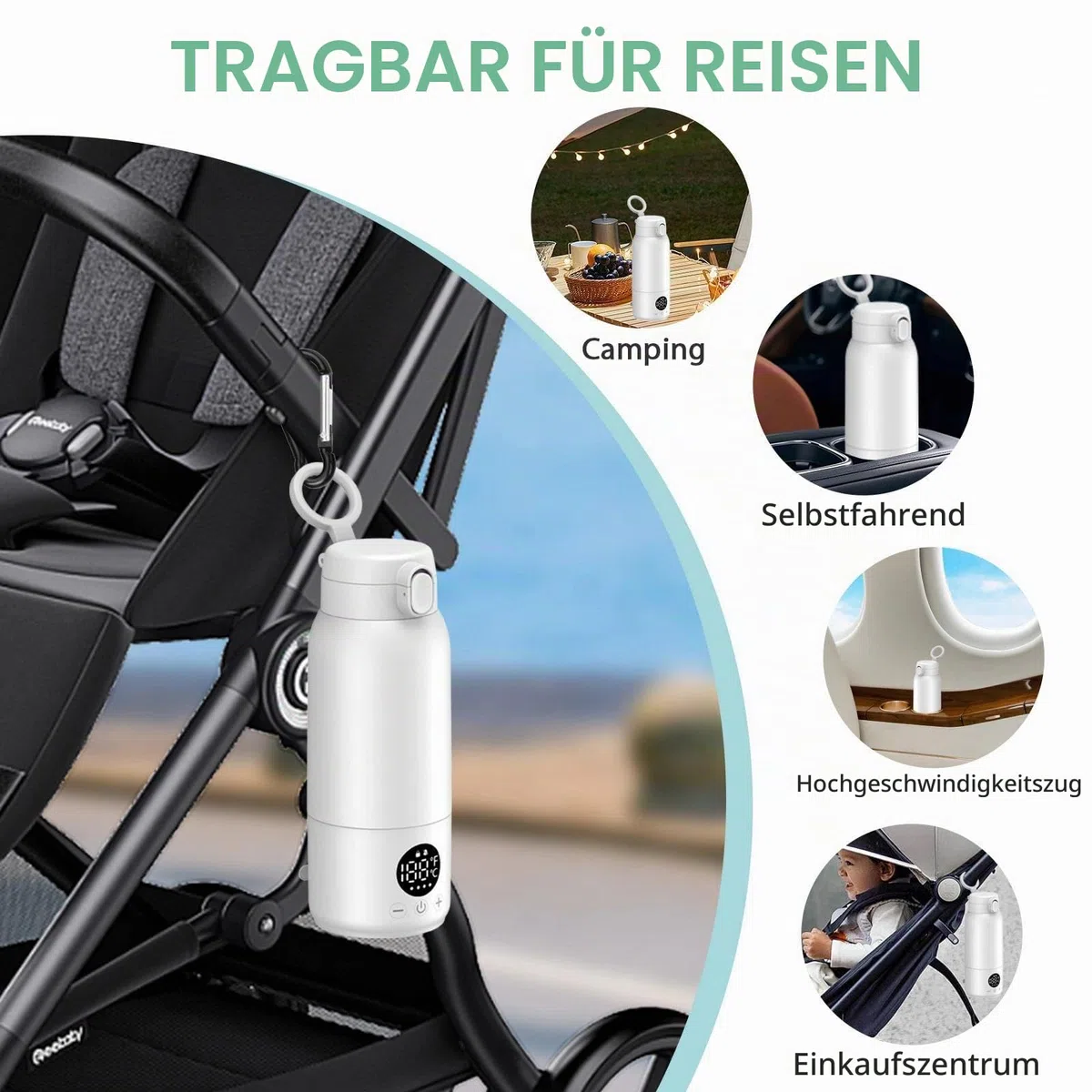Tragbarer Flaschenwärmer Baby Unterwegs 500ml Flaschenwärmer mit Lange Akkulaufzeit 11000mAh 35-70℃ Einstellbar Babyflaschenwärmer Schnelles Aufheizen für Muttermilch und Wasser