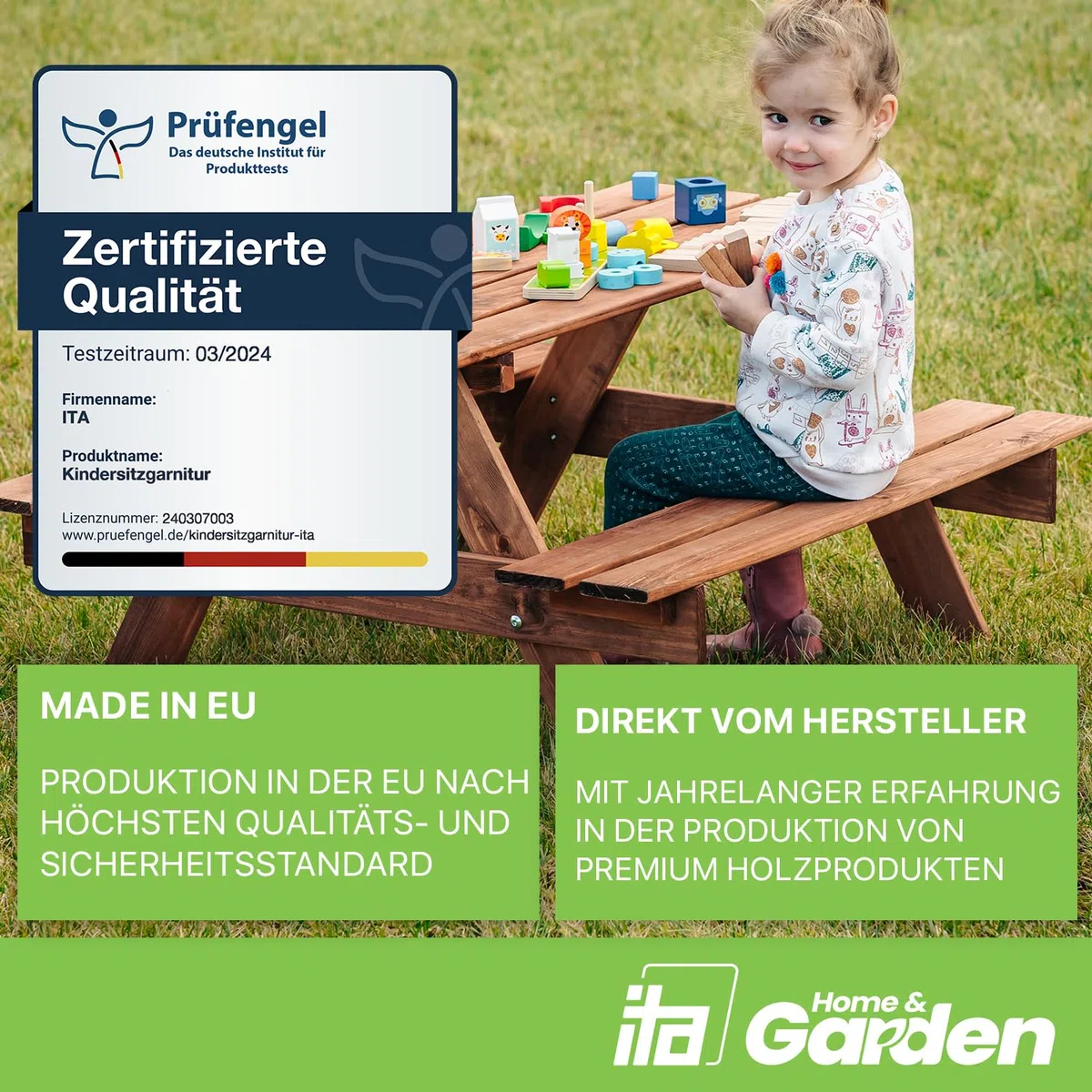 ITA Kinder Sitzgarnitur aus Holz, Picknicktisch mit 2 Bänken für Kinder ab 3 Jahren, Indoor & Outdoor, FSC-Zertifiziert, Made in EU, Braun