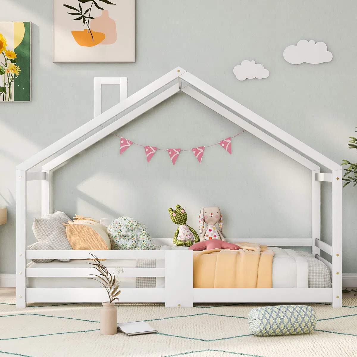Kayan Kinderbett Hausbett mit Schornstein | Rausfallschutz| Robuste Lattenroste |Kiefernholz Haus Bett für Kinder, 90 x 200 cm (Weiß)