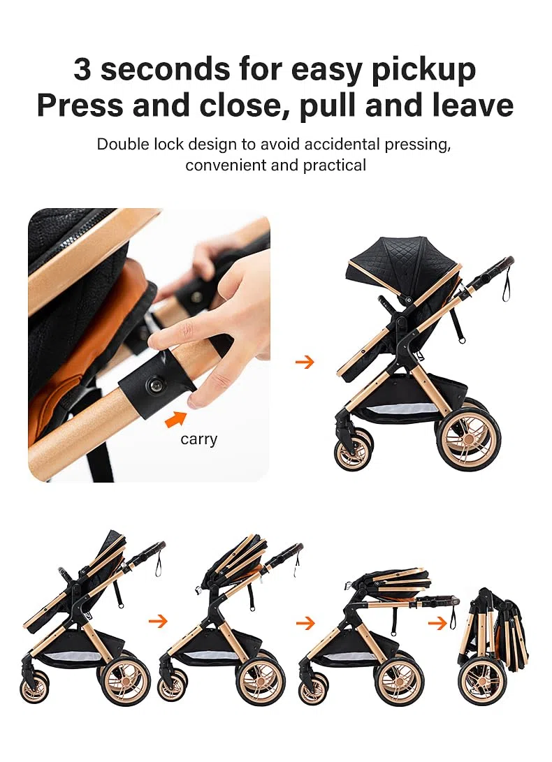 kinderwagen 3 in 1, Zusammenklappbarer Kinderwagen KombiKinderwagen Aluminiumrahmen für Neugeborene Getränkehalter Moskitonetz Regendecke Sitz Windelbeutel (3 in 1 XX1 Creme)