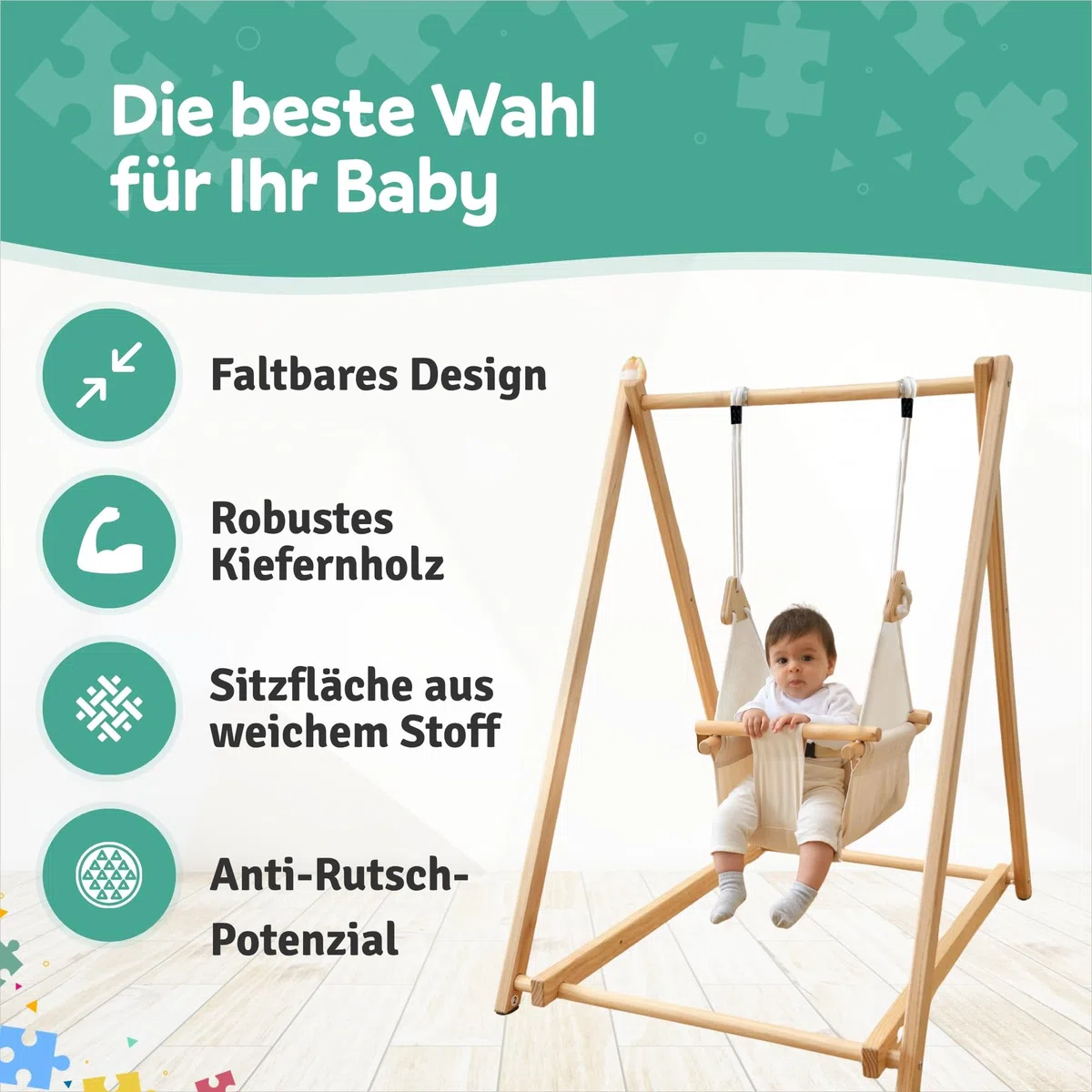 Holz Babyschaukel mit klappbarem Schaukelsitz, Babyschaukelstuhl & Baby Swing aus Kiefernholz, Holzspielzeug für Babys, Indoor & Outdoor Kinderschaukel für drinnen und draußen, sicherer Babysitz