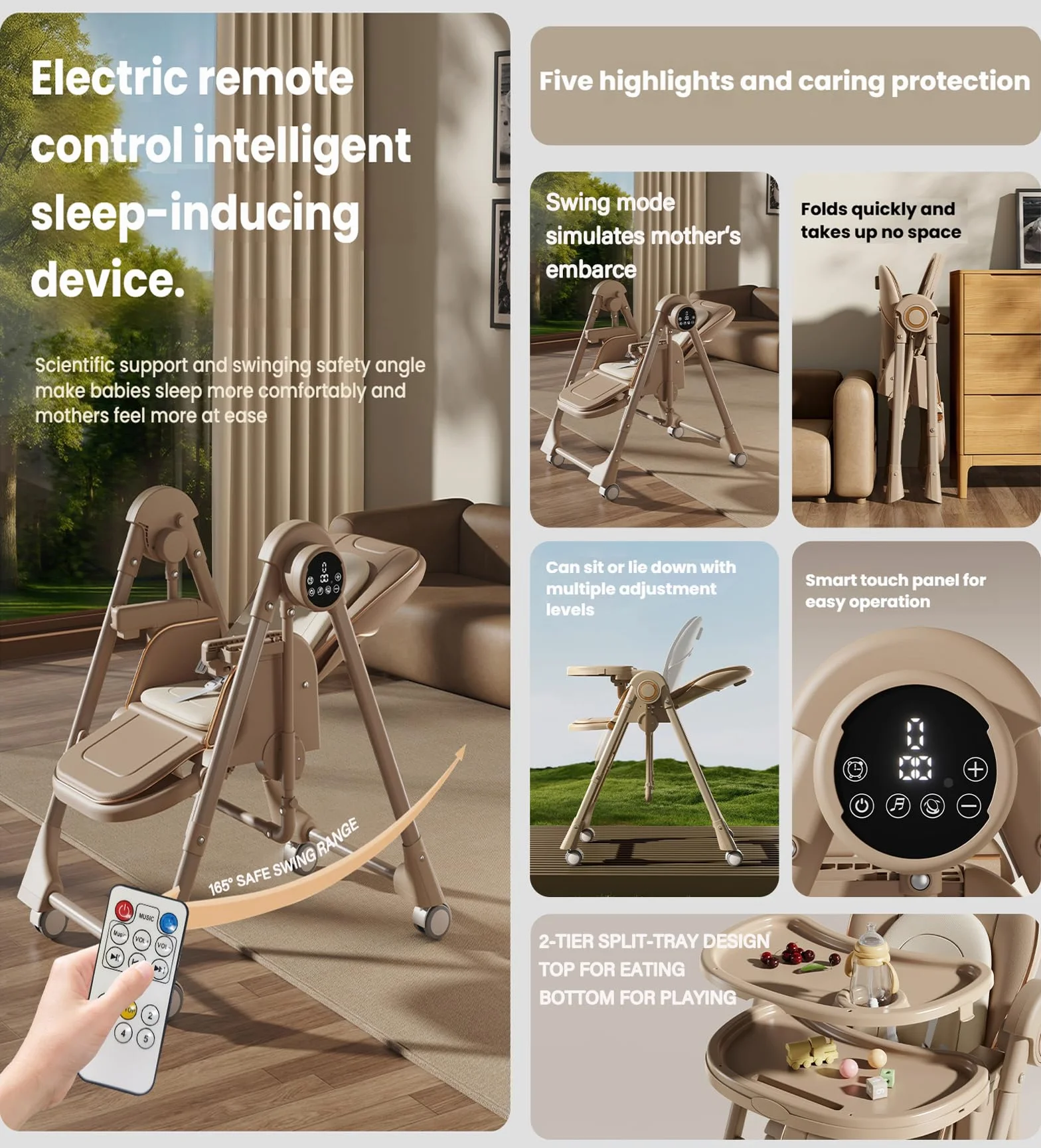 Magic ZC Elektrische Bluetooth Intelligent PU-Leder Baby-Hochstuhl Umwandelbar Faltbar Kleinkind-Esszimmerstuhl mit Verstellbaren Höhen und positionen mit Abnehmbaren Doppeltabletts (E8121 White)