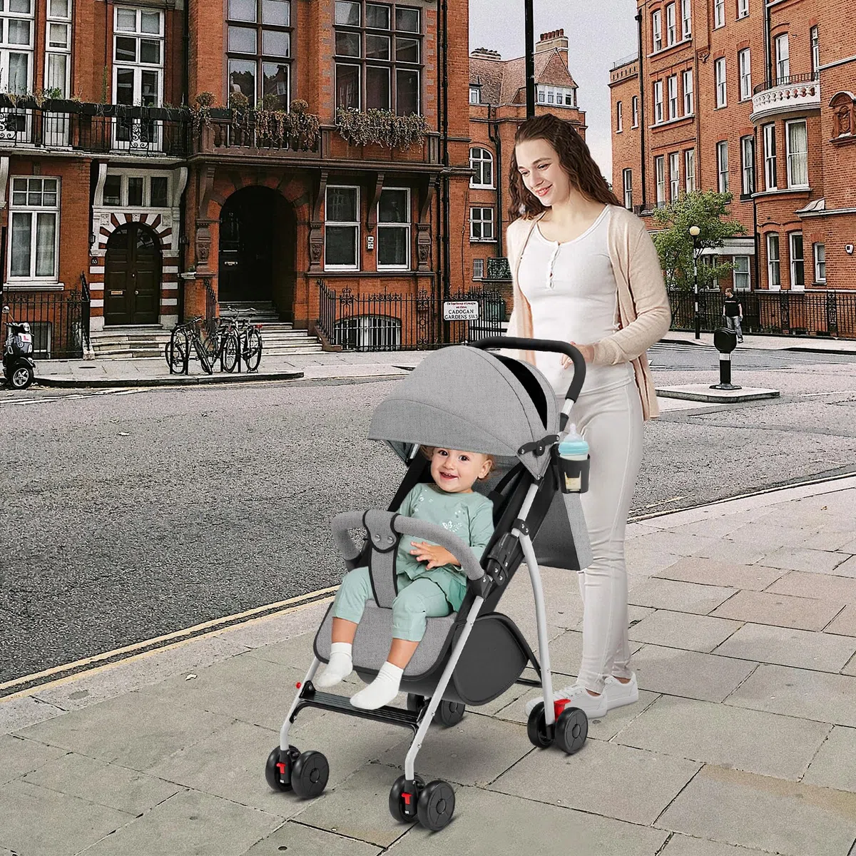 OHMG Buggy Kinderwagen ab 6 Monate bis 4 Jahre,stroller,Baby Sportwagen,Leichtes Kinderwagen-Buggy,PU-Räder,5-Punkt-Gurt,Faltbar,Moskitonetz,Getränkehalter,bis 22 kg (C-Grau)