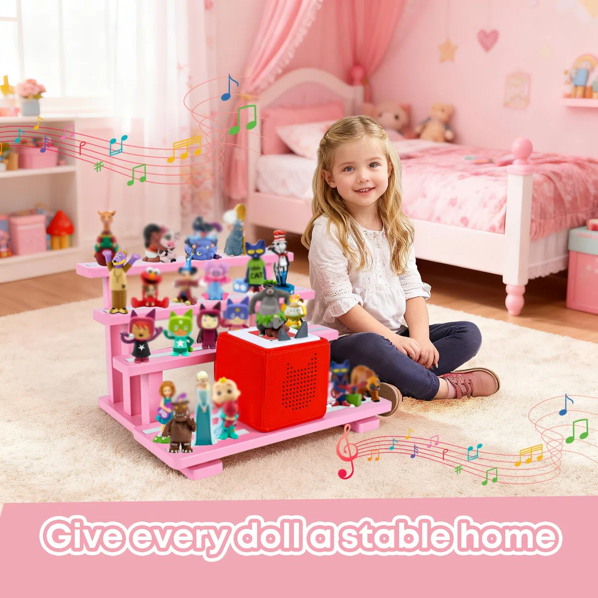 Für Tonies Figurenregal magnetisch,für Toniebox Figurenregal,Aufbewahrungsregal Display-Ständer,Platz für 45 Figuren,kompatible Ladestation für Kinderzimmer,Kiefernholz(Rosa)