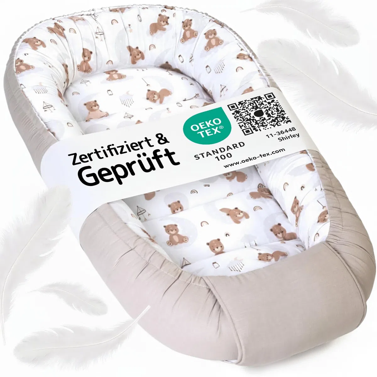 Babynest für Neugeborene, Baby Nestchen – Oeko-TEX Zertifiziert, 100% Baumwolle, maschinenwaschbar –Tragbares Babynest für zuhause & unterwegs, sicher & gemütlich – 100x58x12 cm, Beige