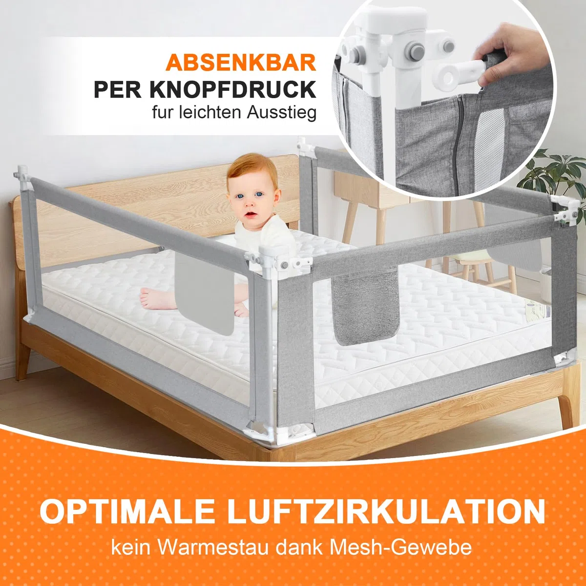 Rausfallschutz für Kinder - Bettgitter grau 2M Neues Muster Rausfallschutz Bett Gitter Rausfallschutz Schutzgitter für Kinderbetten bettgitter rausfallschutz-Deutscher Aufbauanleitung