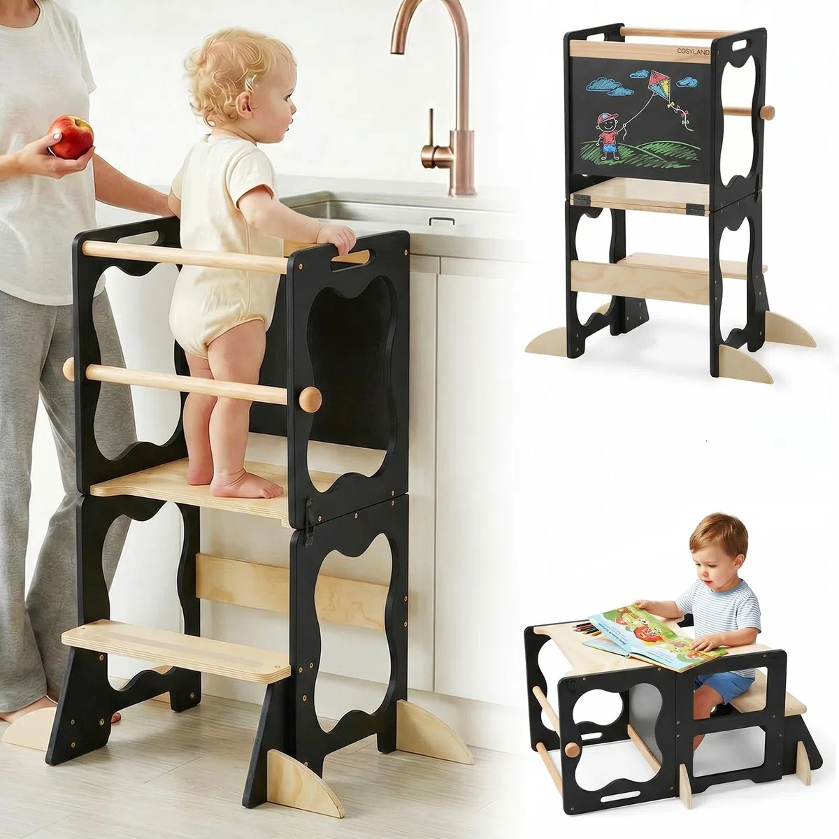 COSYLAND Lernturm Kinder 3in1 Küchenhelfer mit Tafel & Geländer Schwarz | Stabiler Küchenhelfer, wandelbar zu Tisch & Stuhl. Ideal für Lernen, Spielen und Küche. Sicher und zuverlässig.