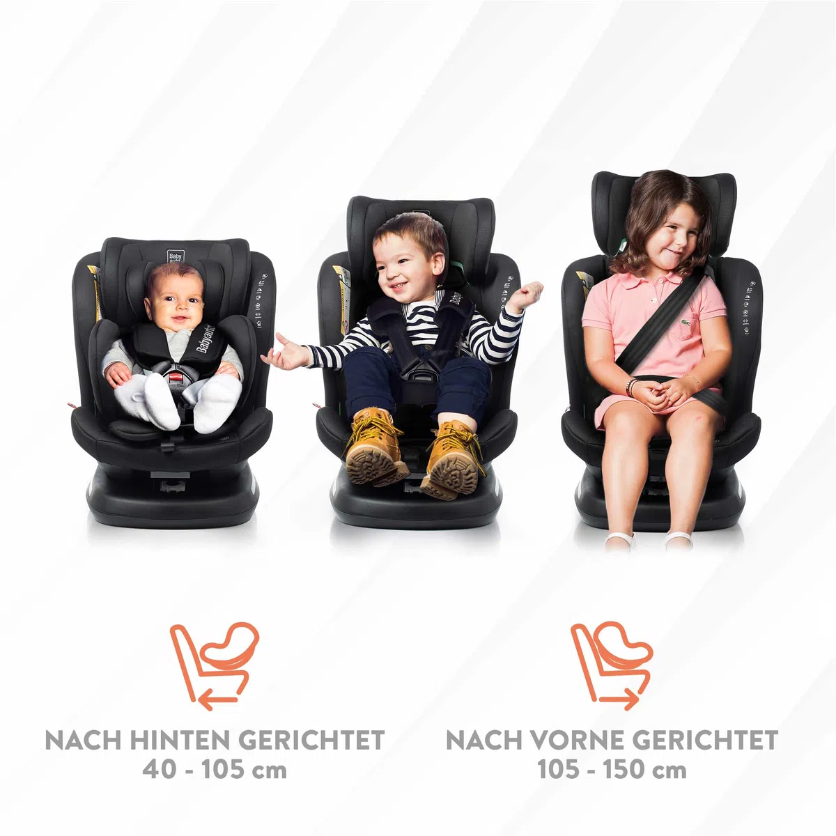 BABYAUTO - Autositz RODIA PLUS GR. 0+/1/2/3-40 - 150 cm – Alter: von Geburt bis 12 Jahre – 0 – 36kg – Rückwärtsgerichtet bis 18kg - Drehbar – ISOFIX- Top Tether (STONE GREY)