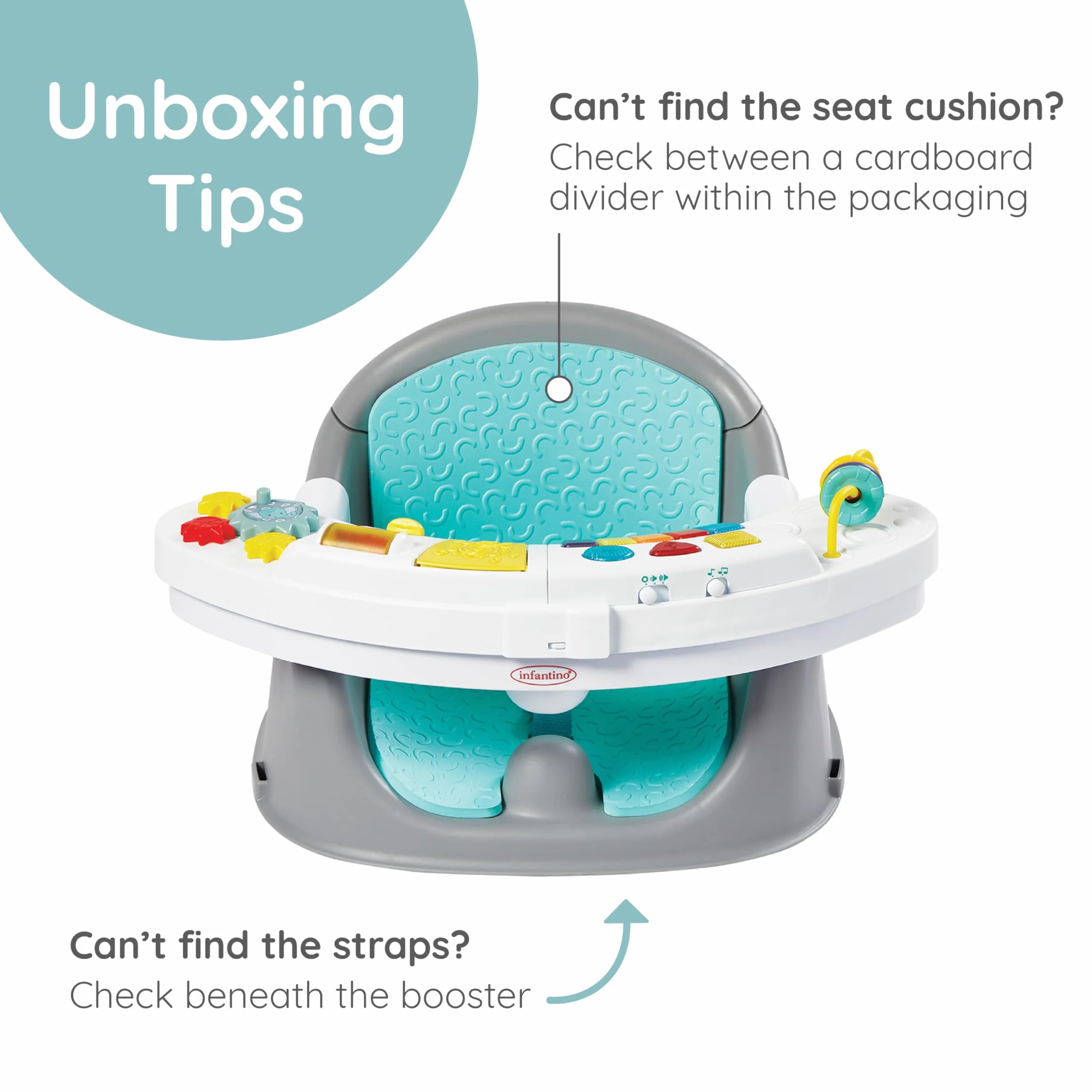 Infantino Music & Lights 3-in-1 Baby-Booster, Entdeckungssitz, Mitwachsend, Umwandelbarer Baby-Sitz, Blau