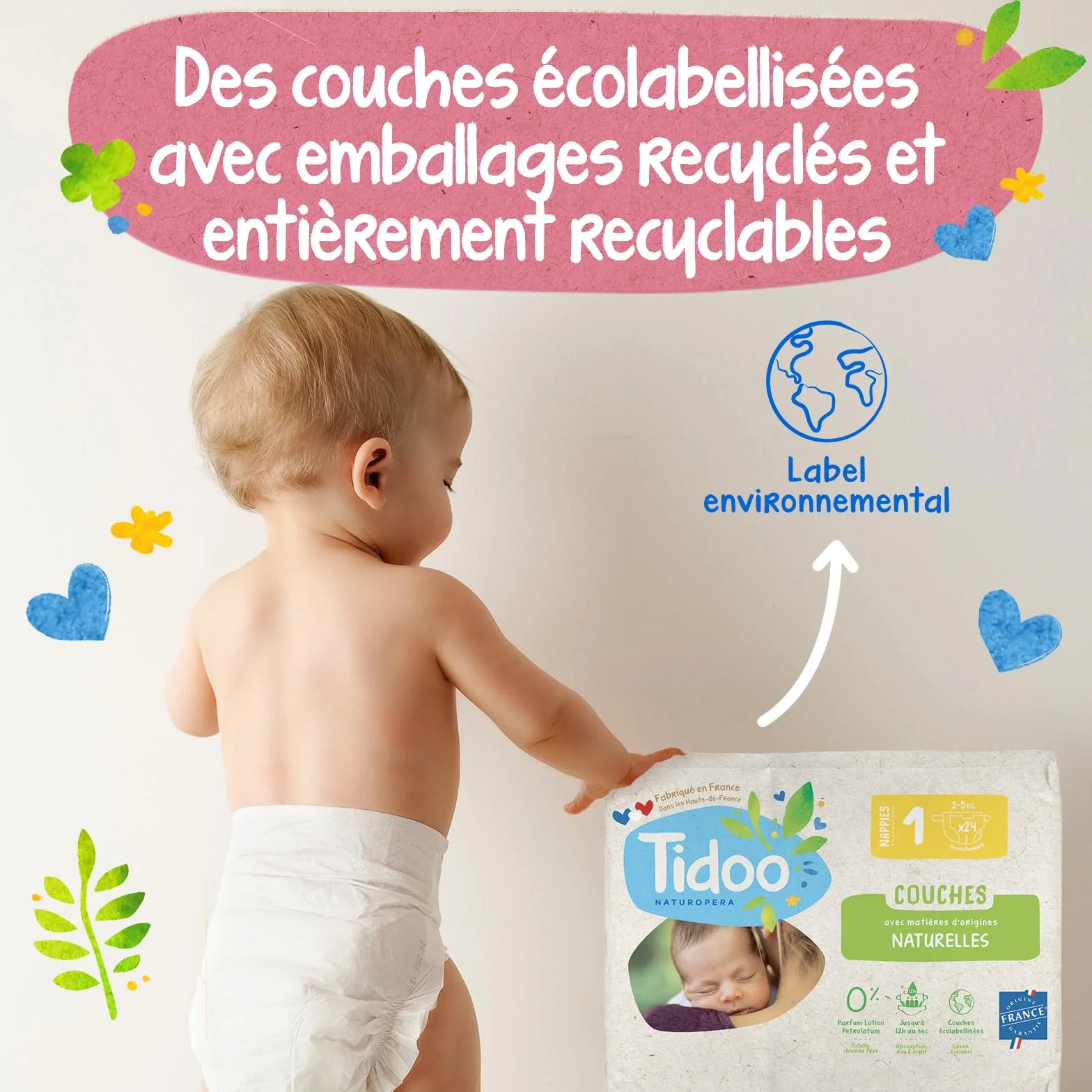 TIDOO - Windeln Größe 4 7-18 kg – umweltfreundliche Babywindeln – Einwegwindeln mit natürlicher Zusammensetzung – freundlich für empfindliche Haut – 12 Stunden Schutz – 3 x 44 Windeln