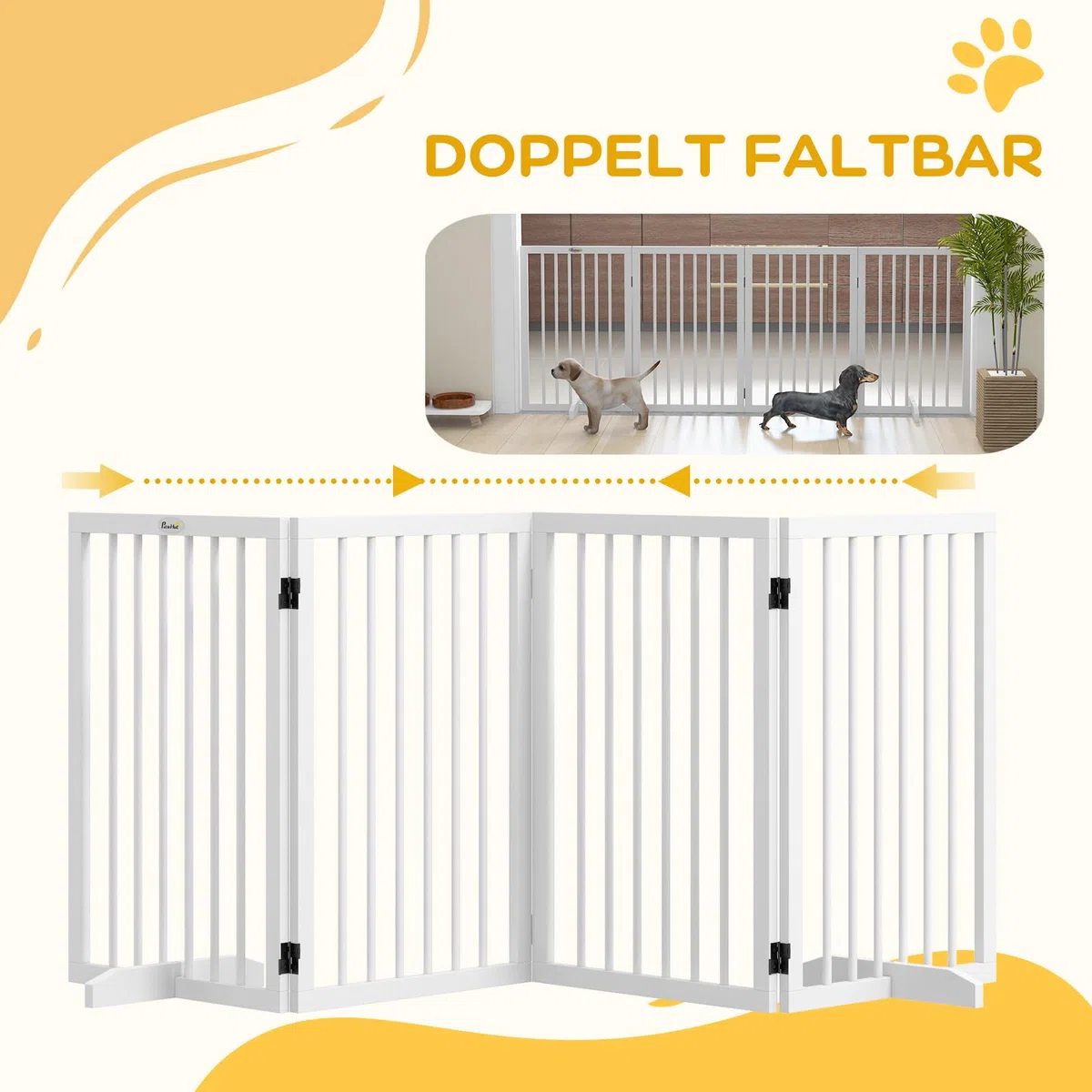 PawHut Absperrgitter Hund Faltbar Freistehend 4-Teilig 206 x 76 cm Weiß | Türschutzgitter, mit 2 Stützfüßen, Hundegitter aus Holz, Treppengitter für Flur
