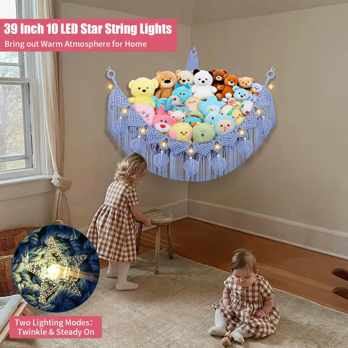 Stofftier-Hängematte, Boho-Blattquasten, Eckspielzeughalter, Wandmontage, Hängenetz-Organizer für Kinderzimmer, Dekoration, Plüschtiernetz mit Lichterkette für Jungen und Mädchen, Himmelblau