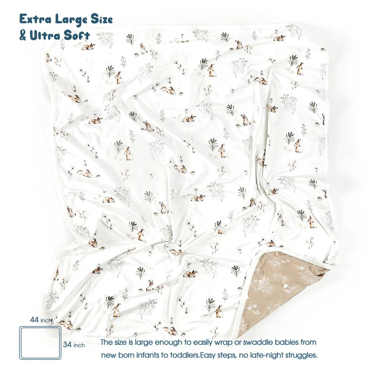 GRSSDER Superweiche und dehnbare Babydecken für Mädchen und Jungen, wendbar, doppellagig, 86,4 x 111,8 cm, extra groß zum Einwickeln, niedliches Kaninchen