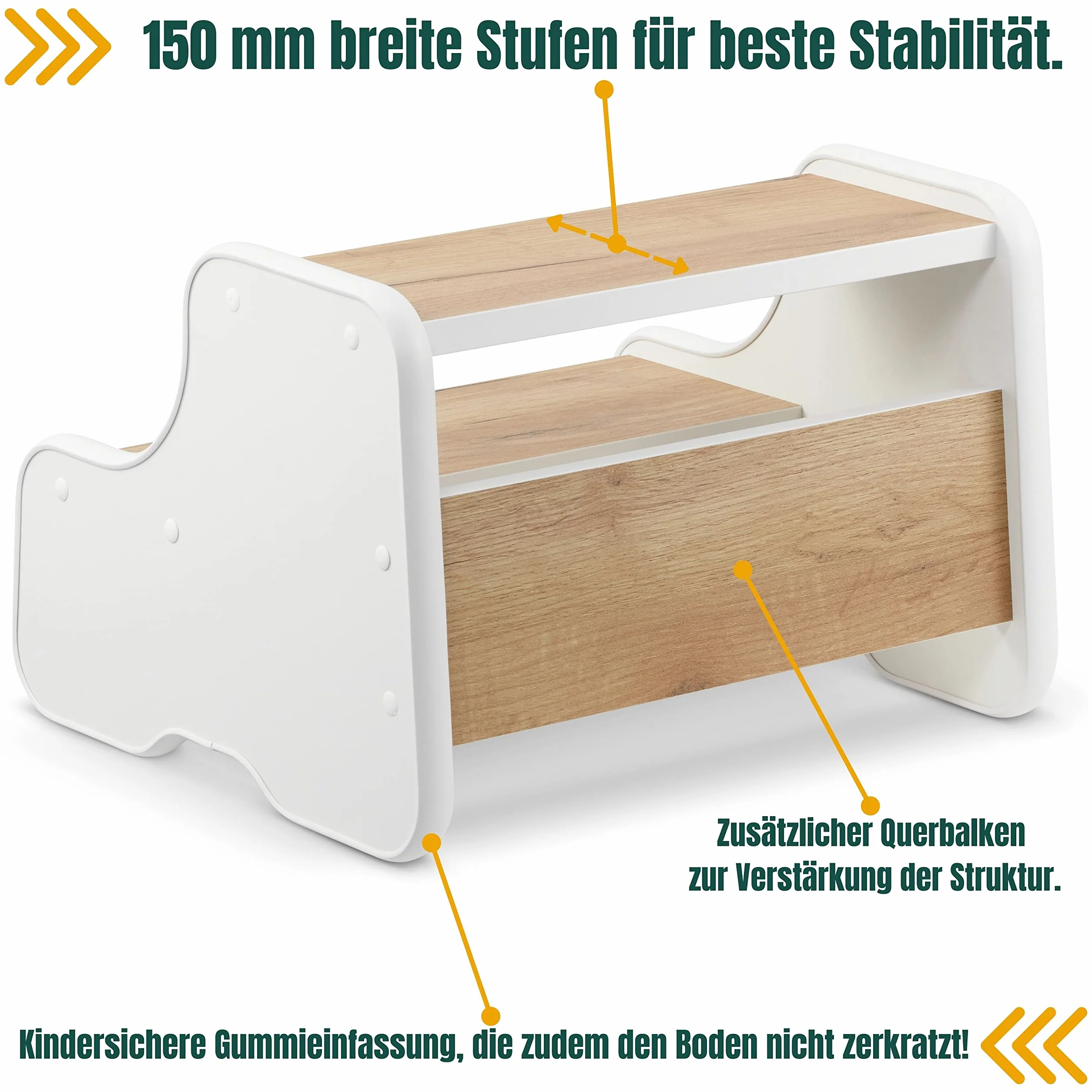 defiPad Tritthocker für Kinder mit 2 Stufen Weiß/Eiche, Kinderhocker und Toilettenhocker, Tritt-Schemel für Bad, Waschbecken, Toilette und Küche, Hergestellt in der EU
