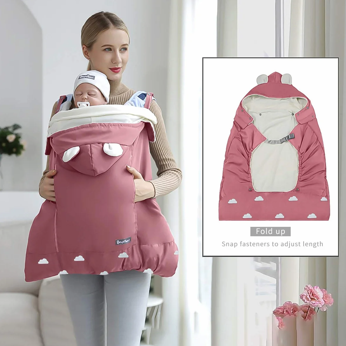 SONARIN Universal All Seasons Regenschutz für Babytrage, Wintermantel warm, Fußsack, Winddicht, Wasserdicht, Abnehmbarer Hut(Rosa)