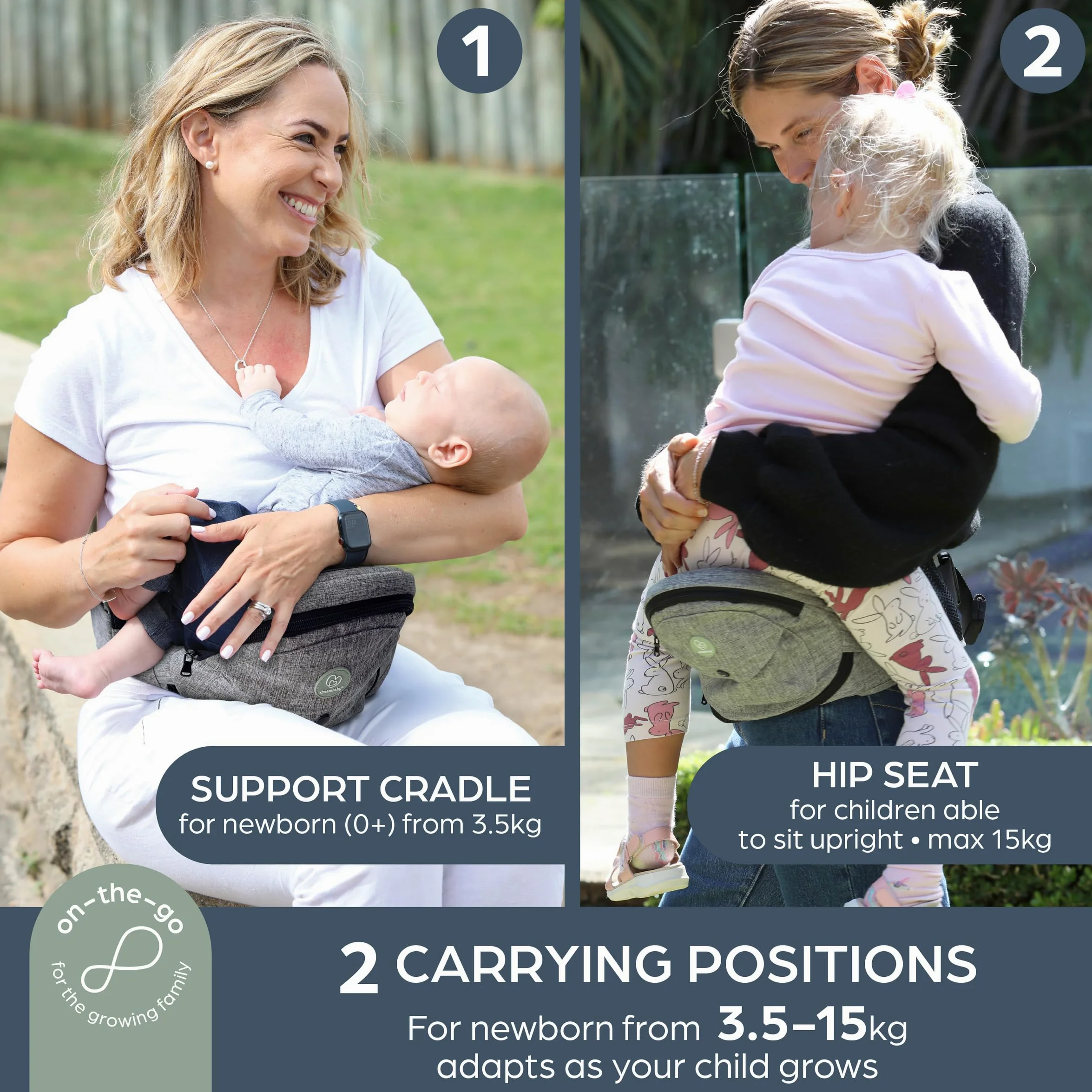 Dreambaby Up & Go Hüftsitz-Tragetasche, leichte Babyhalterung mit Aufbewahrungstaschen, ergonomische Kleinkind-Hüftstütze, verstellbarer Bund, geeignet für Kinder von 3,5-18 kg
