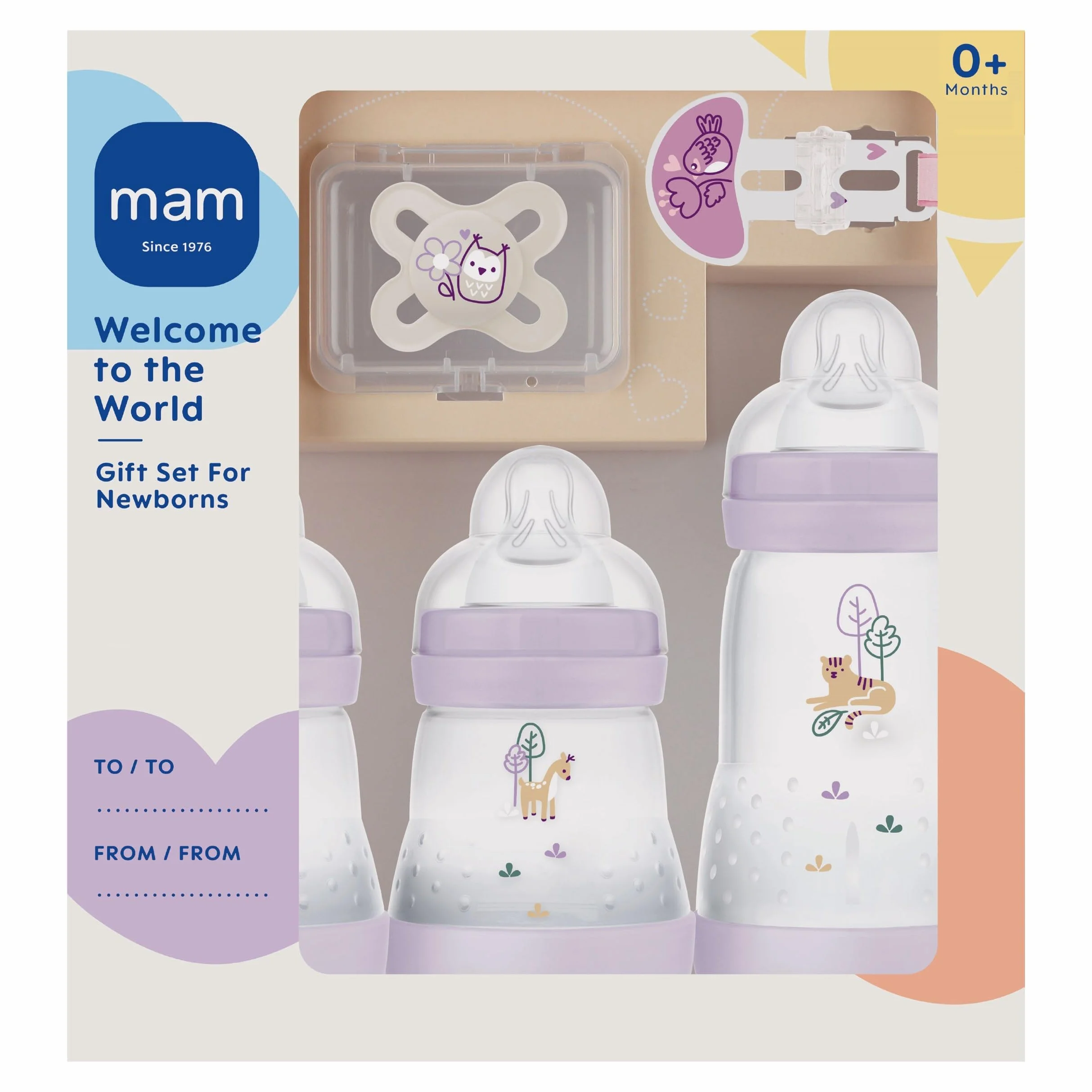 MAM Welcome to the World G102-3 Babyflaschen Easy Start Anti-Colic, 1 Schnuller Start und 1 Brosche Clip 0+ Monate, Spanische Version, Rosa, 5 Stück