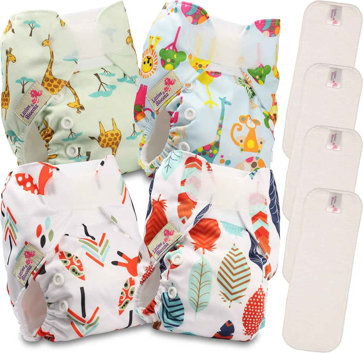 Littles & Bloomz Wiederverwendbare Windeln für Neugeborene und Frühgeborene, 4 Windeln, 4 Mikrofaser-Einsätze, NB-403MF4