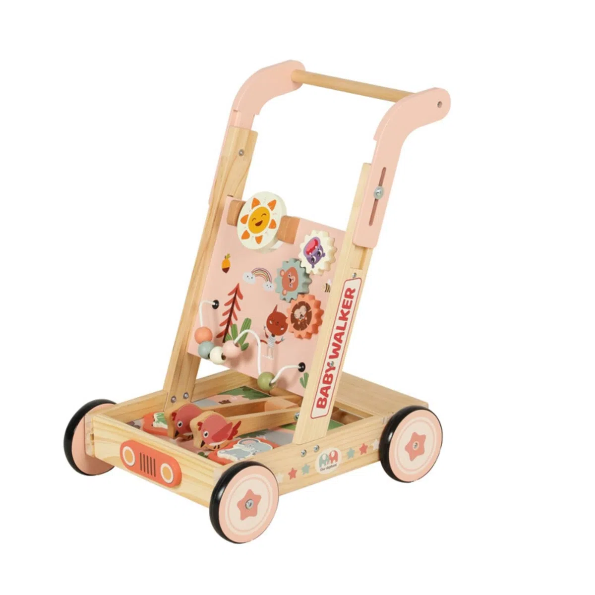 Amagogo Kinder Lernlaufwagen Holz Lauflernwagen Spielcenter Schiebewagen Aktivitätsboard mit Tiermotiven Zahnrädern Perlenbahn Robuster Rahmen Vier Räder