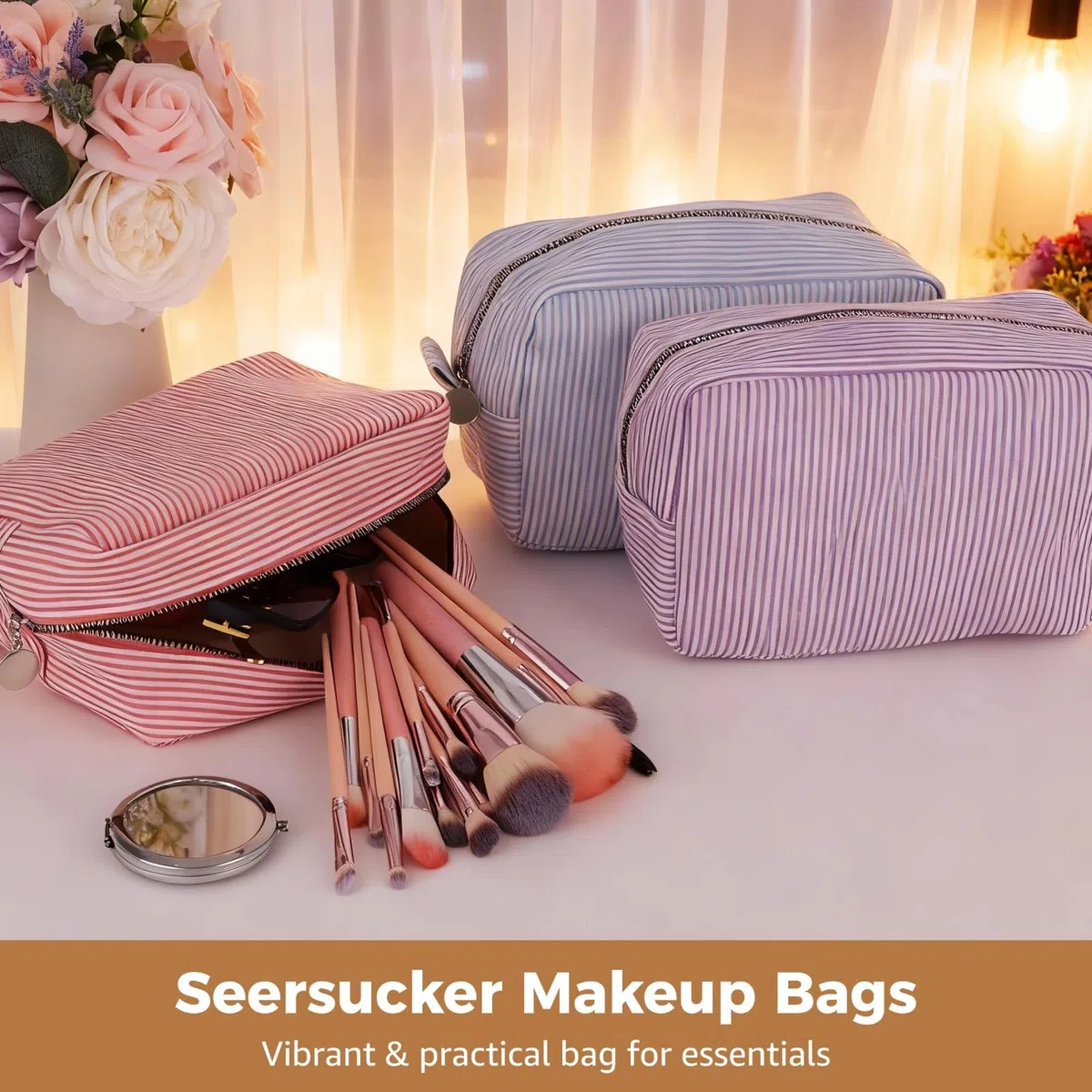 6 Stk. Seersucker-Make-up-Taschen, Reise-Kulturbeutel-Organizer-Set, gestreifte Kosmetiktasche mit Reißverschluss, 8,7 x 3,5 x 5,9 in, für Hautpflege und Pinsel, Geschenk für Brautjungfern, mehrfarbig