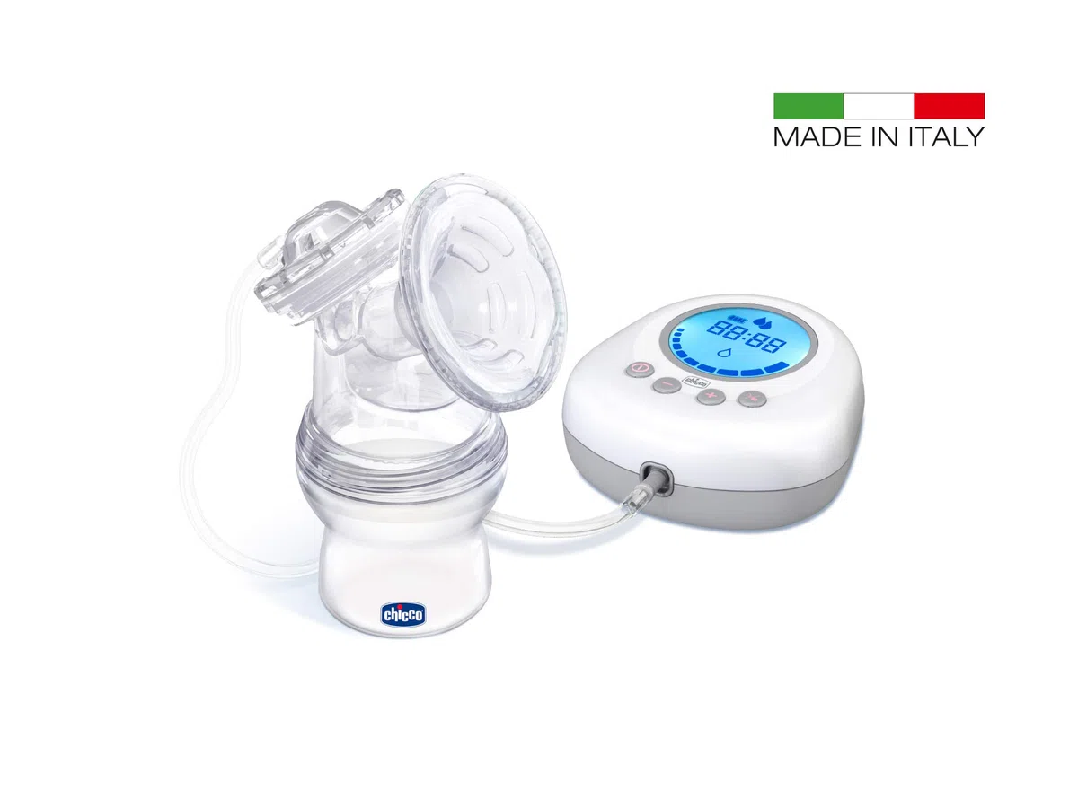Chicco Naturally Me Elektrische Milchpumpe mit Stimulations- und Zugmodi, 10 Intensitätsstufen, ergonomische Form, mit geneigtem Sauger und luftdichtem Deckel, 150 ml