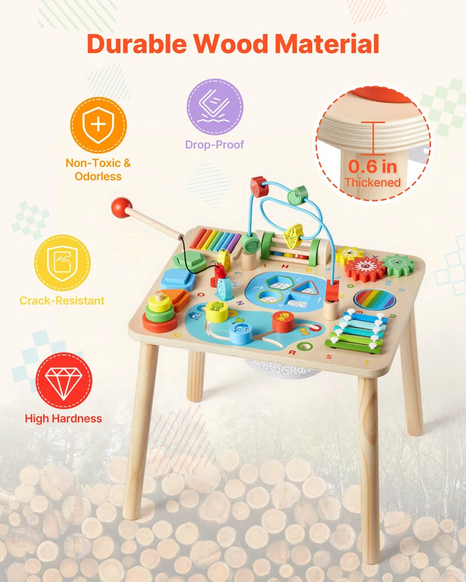 VEVOR Holz Aktivitätstisch, Montessori Spielzeug, 13-in-1-Lerntisch, Spieltisch Aktivitätstisch für Kinder ab 6 Monaten, Geburtstag, Weihnachten oder Kindertag, 6-36 Monate
