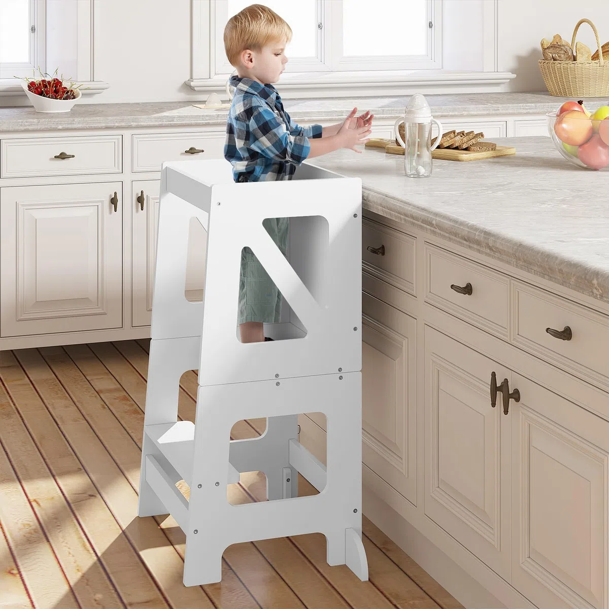 WOLTU Lernturm 3 in 1, Tritthocker Kinderhocker Kindertisch Tafel, Lernturm für Kinder, Küchenhelfer mit Rausfallschutz, faltbar, ab 3 Jahr, Weiß