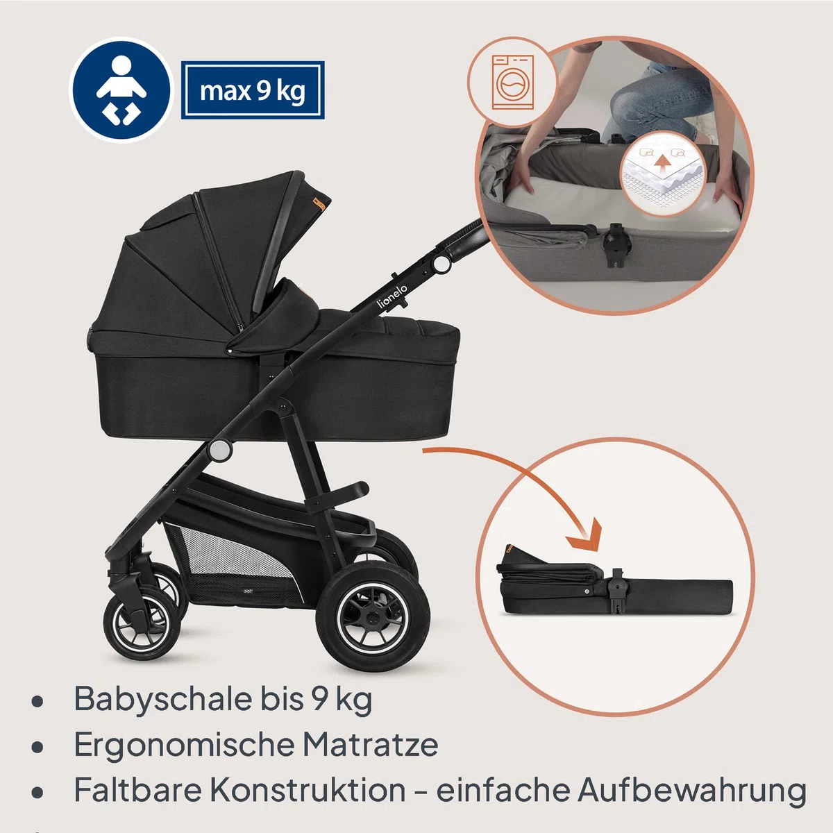 LIONELO BIANKA Kinderwagen 3 in 1 bis 22 kg Babywanne Autositz Reise-System Zusammenlegbar Stoßdämpfer Verdeck XXL
