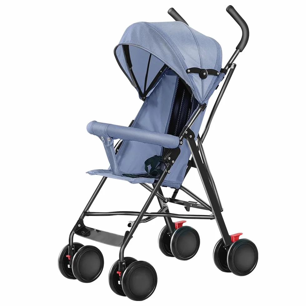 4 Kinderwagen mit leichtem Rahmen, mehreren Positionen, kompakt und leicht, für 6 Monate bis 4 Jahre, bis zu 25 kg, Beinstütze, verstellbares Verdeck mit großem Korb - D-blau
