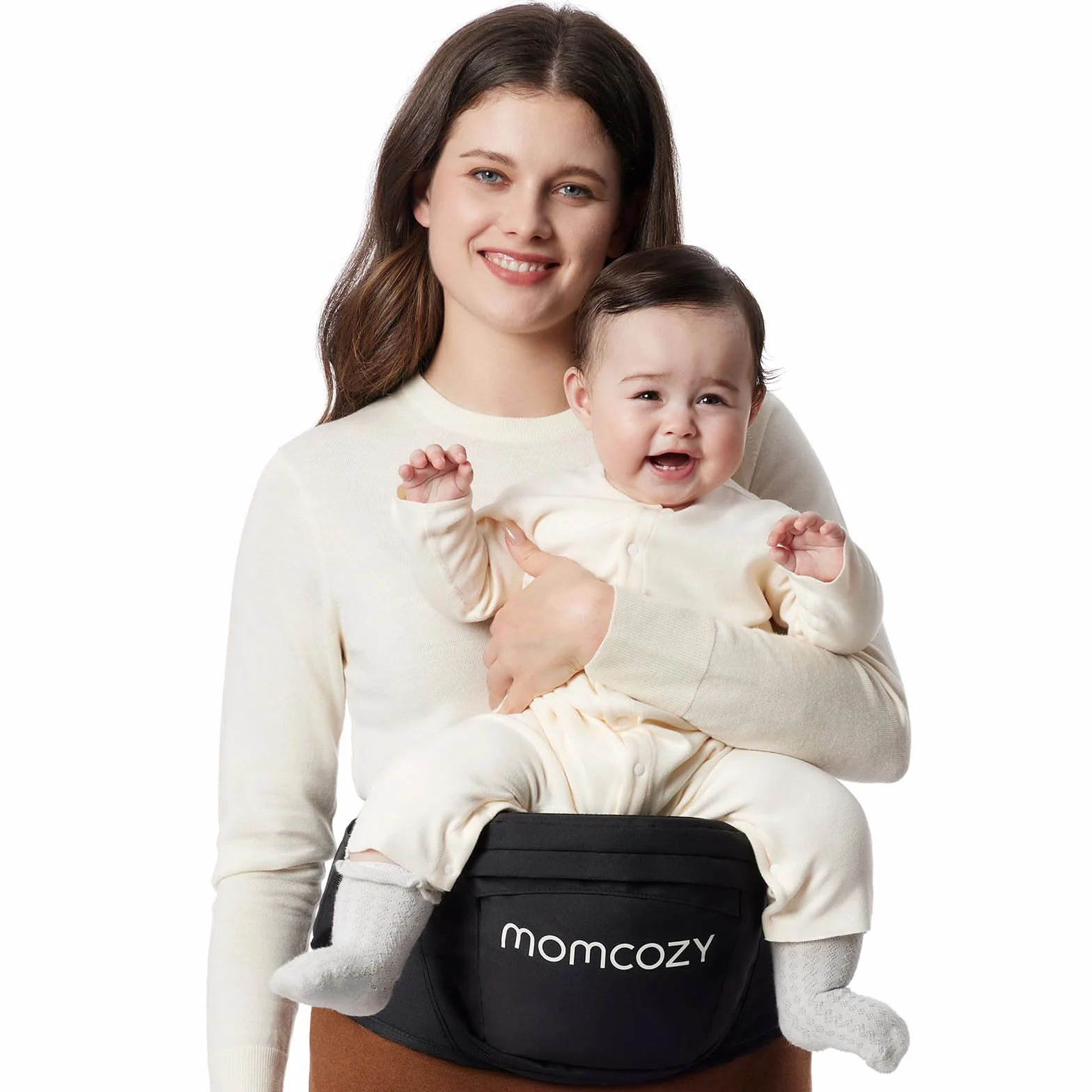 Momcozy Hüfttrage Baby - Originaler 3D-Bauchschutz & EVA-Massageplatte, Ergonomische Babytrage mit Taschen für Neugeborene und Kleinkinder bis 20 kg, Leichtgewicht (Schwarz, Mittelgroß)