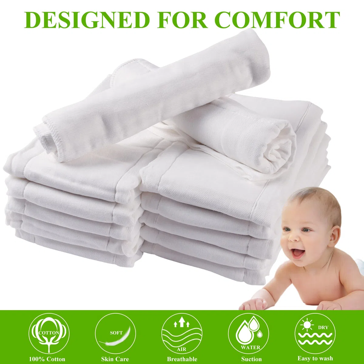 6-lagige vorgefaltete Stoffwindeln, Spucktuch, 100 % Baumwolle, Weiß, Fasoar dick, waschbar, saugfähig, für Babys und Kleinkinder, vielseitig verwendbar (10-35 lbs) 5/6/10/12 Count
