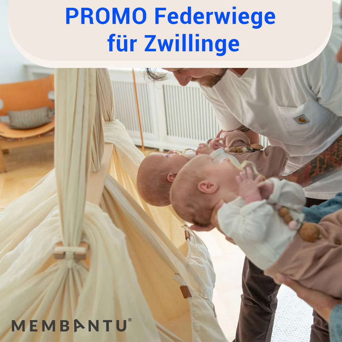 Federwiege Baby für Zwillinge - Baby-Wiege aus Bio-Baumwolle - Baby-Hängematte inkl. Feder - Baby-Stoffschaukel Plus Matratze und Baldachin - Baby-Hammock bis max. 15 kg - Natur