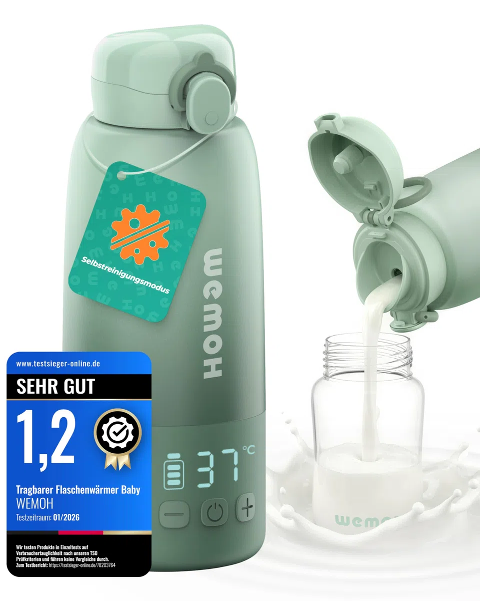 Tragbarer Flaschenwärmer Baby für unterwegs mit Selbstreinigungsfunktion, 100W Schnellaufwärmung, Präzise Temperaturkontrolle, 450 ml Kapazität, Akku für 2–3 Erwärmungen einer vollen Flasche