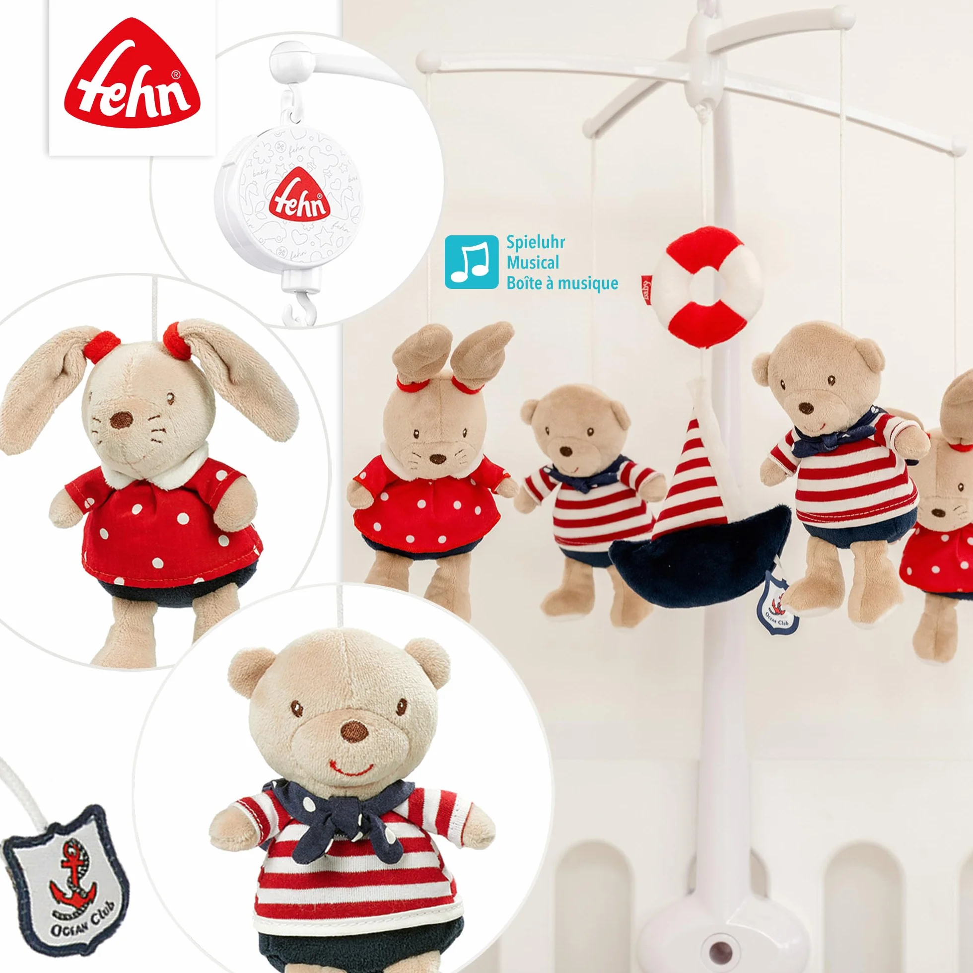 Fehn Musik Mobile Ocean Club - Baby Einschlafhilfe Musikspielzeug mit süßen Tieren - Babymobile Spieluhr Melodie "Der Mond ist aufgegangen" - Musikmobile Babybett Spielzeug für Babys von 0–5 Monaten