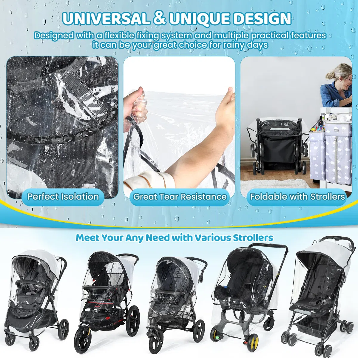 Universeller transparenter Kinderwagen-Regenschutz, kein Reißverschluss, wasserdichte Kinderwagen-Abdeckung, lebensmittelechtes EVA und mattiertes PVC, Baby-Reise-Wetterschutz, atmungsaktiver