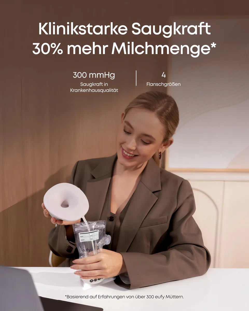 eufy Tragbare Milchpumpe mit Wärmefunktion S1 Pro, Schlank & Freihändig mit branchenführender HeatFlow-Technologie, Kabelloses Ladecase, App-gesteuertes OptiRhythm, Klinische Saugkraft, Für den BH