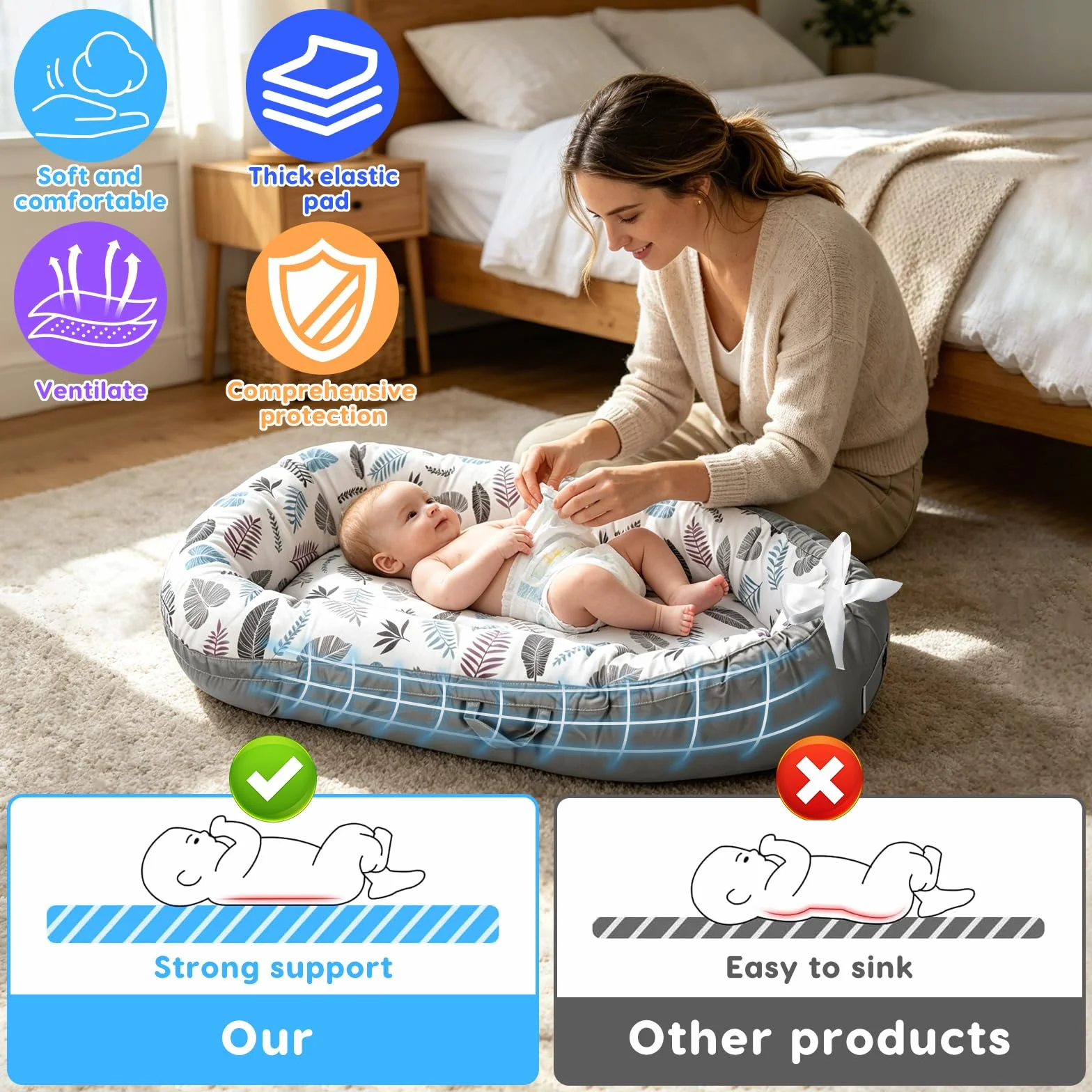 Babynestchen Neugeborene, Nestchen Baby 90x50 cm, Weich Und Bequem, 100% Baumwolle, Zweiseitiges Babybett, Tragbares Babynest mit Tragegriff, für Jungen Und Mädchen Von 0 Bis 24 Monaten